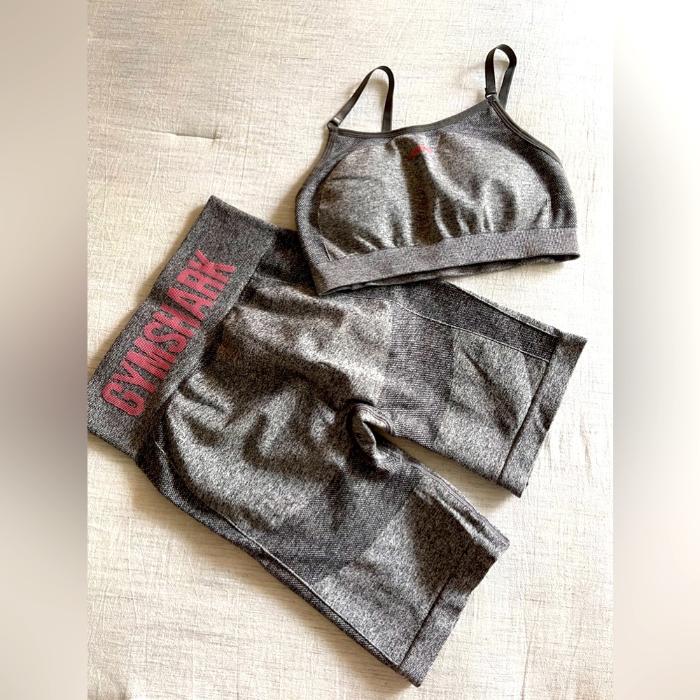 Gymshark set— biker shorts and sports bra—- grey— both size S